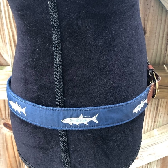 Leather Man Tarpon Fish Blue Ribbon Tan Canvas Belt Brown Leather Tabs Size 36 - Picture 2 of 8